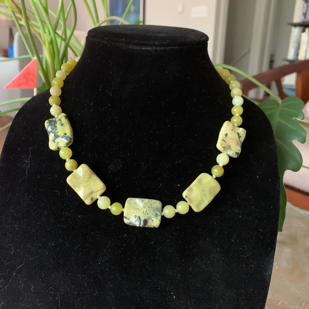 Lemon Jade & Serpentine Necklace | Hand-Knotted on White Silk Thread - Picture 1 of 2